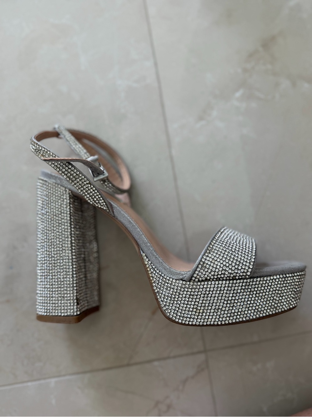 Steve Madden Silver Crystal Platform Block Heel Sandals